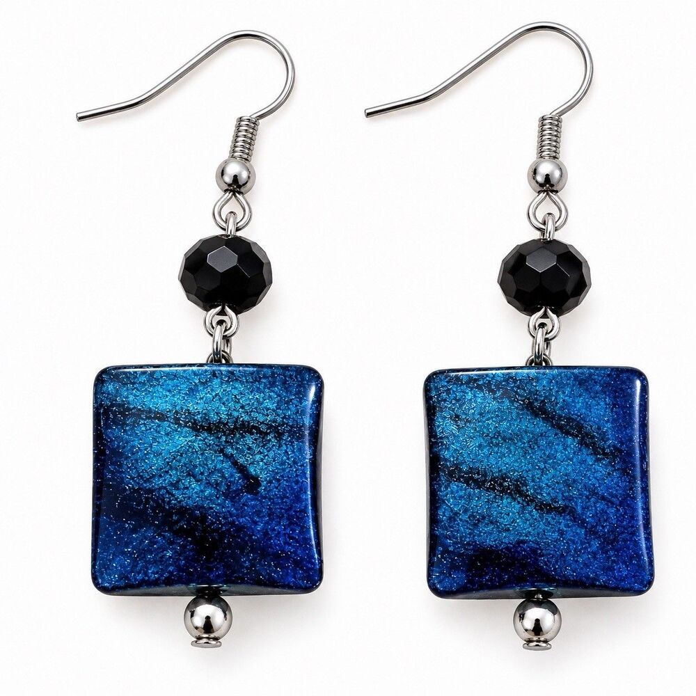 Blue Marbled Square Dangle Earrings Black Bead Silver Tone Geometric Boho